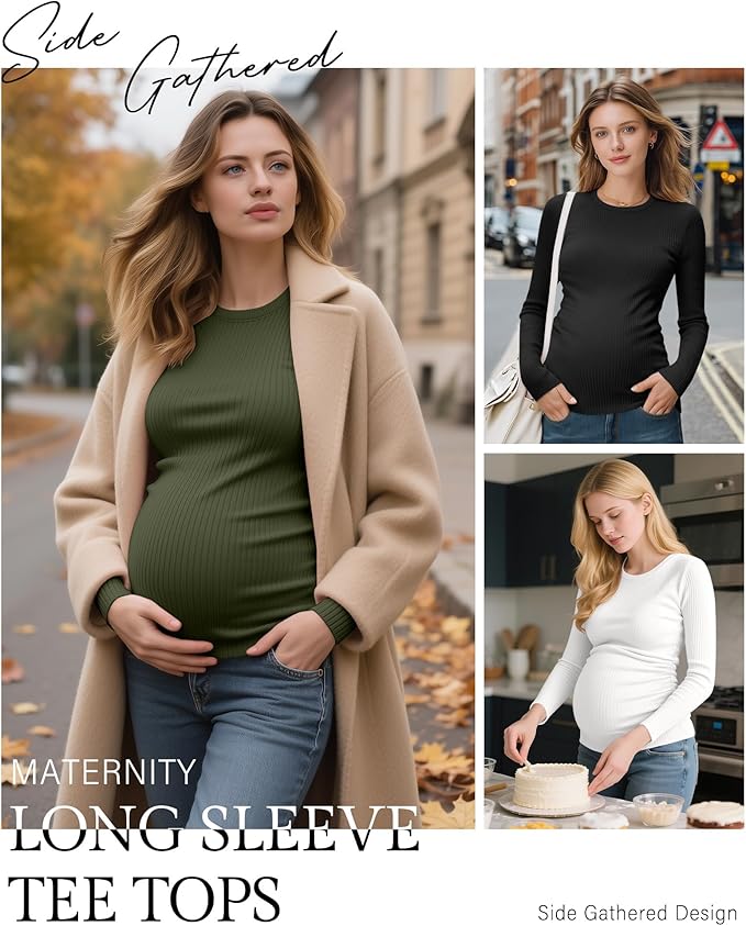 Ficerd 4 Pack Women's Maternity Shirts Cotton Long Sleeve Ribbed Crew Neck Pregnancy Tops Side Ruched Casual Mama Clothes