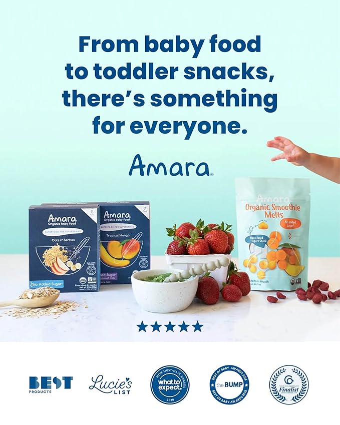 Amara Organic Baby Food - Stage 2 - Peas, Corn & Carrots - Baby Cereal to Mix With Breastmilk, Water or Baby Formula - Shelf Stable Baby Food Pouches Made from 100% Organic Veggies - 10 Pouches, 3.5oz Per Serving