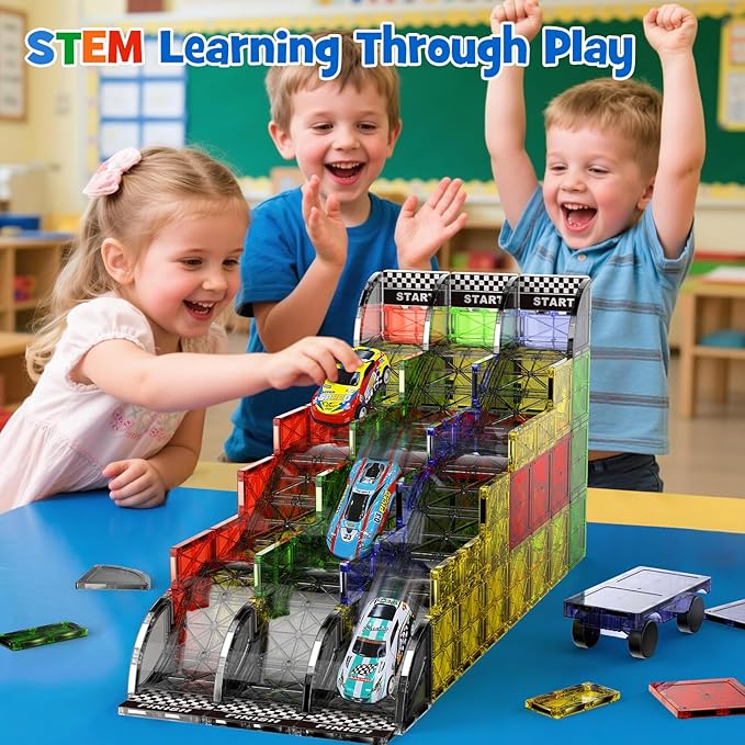 2-in-1 Dynamic Magnetic Downhill & Race Track Set - 40PCS Expandable Magnetic Tiles with Car for Creative STEM Play The Ultimate Travel Toy & Gift for Kids Ages 3-8