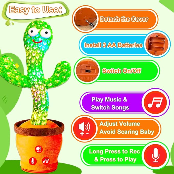 Baby Toys Interactive, Dancing Talking Cactus Toy Volume Adjustable, Mimicking Singing Repeating, Toddler Infant Baby Toys Gifts for Boys Girls, Valentine Gifts for Kids Baby Todder