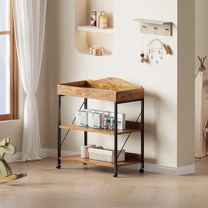Baby Changing Table, Diaper Changing Station with Pad and Wheels, Two-Tier Open Storage Shelves, Waterproof Diaper pad & Safety Strap,Compact Baby Furniture for Nursery, Rustic Brown