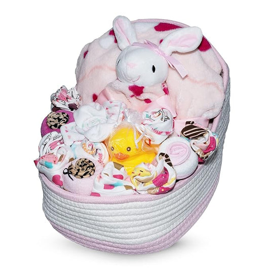 Bassinet New Baby Girl Gift Set | Unique Newborn Gift Basket Hamper for Gender Reveal | Baby Essentials for Expecting Moms & Parents | 17-Piece Baby Layette Set | Pink - Nikki's Gift Baskets