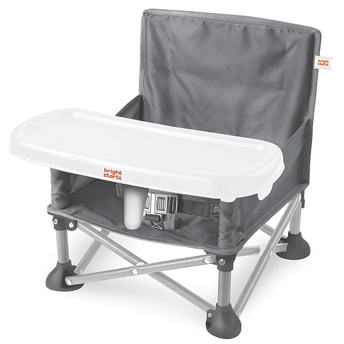 Bright Starts Pop 'N Sit Portable Booster, Indoor/Outdoor Use, Floor Seat with Feeding Tray, Grey, 6 Mos - 3 Yrs (Pack of 2)