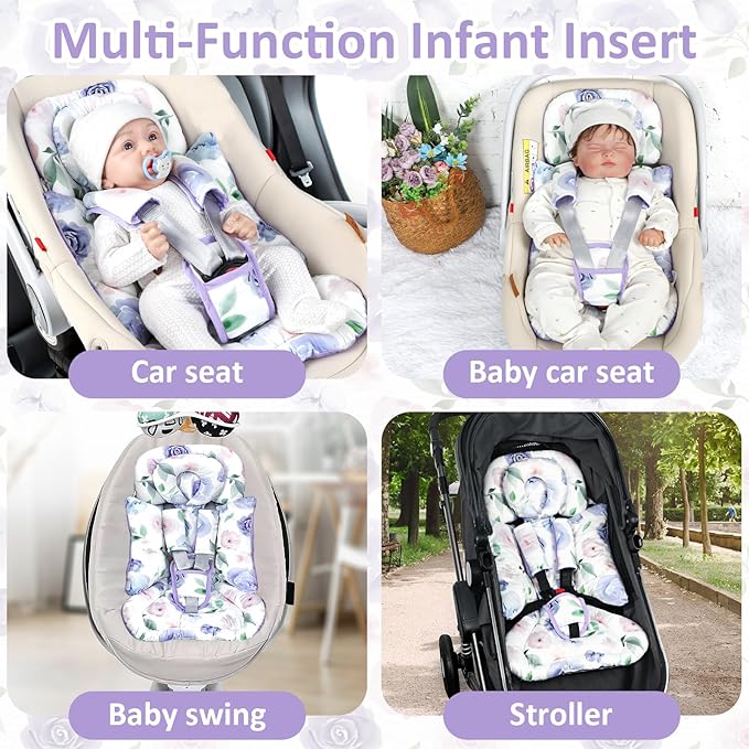 TANOFAR Infant Car Seat Insert with Removable Cushion for Baby Girls, Reversible Newborn Carseat Insert for Baby Head Body Support, Fits for Stroller, Baby Swing, Bouncer (Purple Flower)
