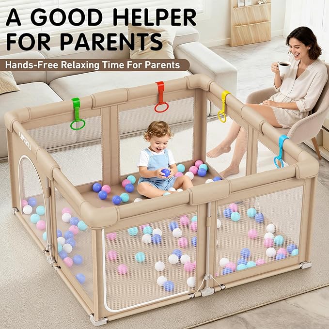 Baby Playpen Foldable Playpen for Babies and Toddlers, Large Playpens Portable Play Pen with 2 Doors Play Yard for Kid Fence Indoor Outdoor 4 Handlers 50 Balls Baby Newborn Infant Gifts 50"X50" Khaki