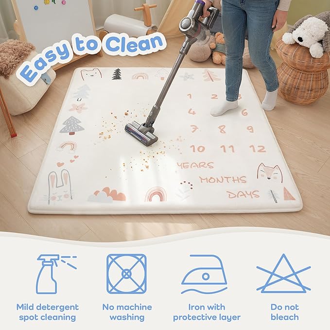 1.3" Thick Playmat for Floor, 50 x50 Monthly Milestone Mat, Padded Support Soft Plush Nursery Mats for Crawling Kick Activity, Flannel Photography Background Prop for Boys Grils