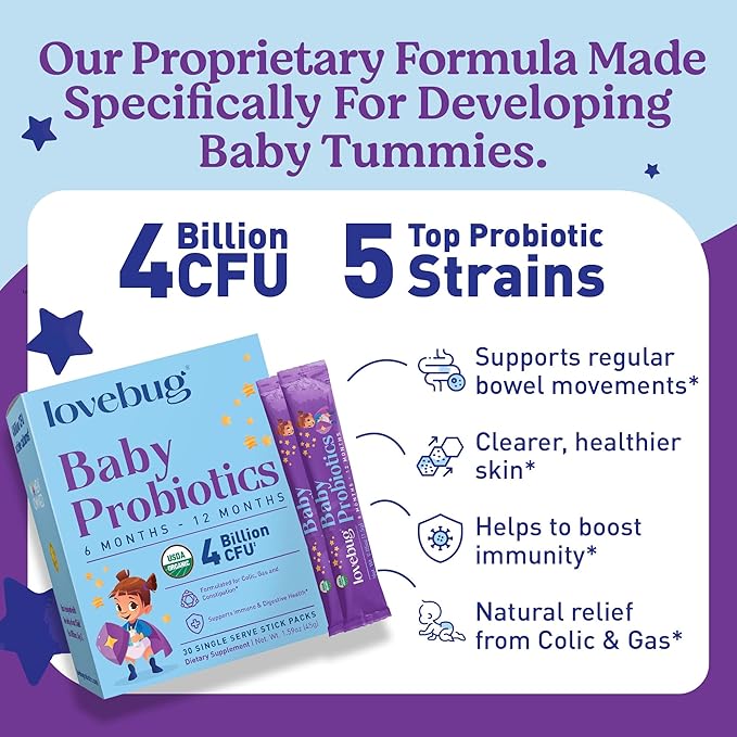 LOVEBUG Probiotics for Babies - Organic Baby Probiotics 6-12 Months for Baby Immune Support, Gas, Colic, Diarrhea & Infant Constipation Relief Sugar-Free, Tasteless Powder, 60 Pack