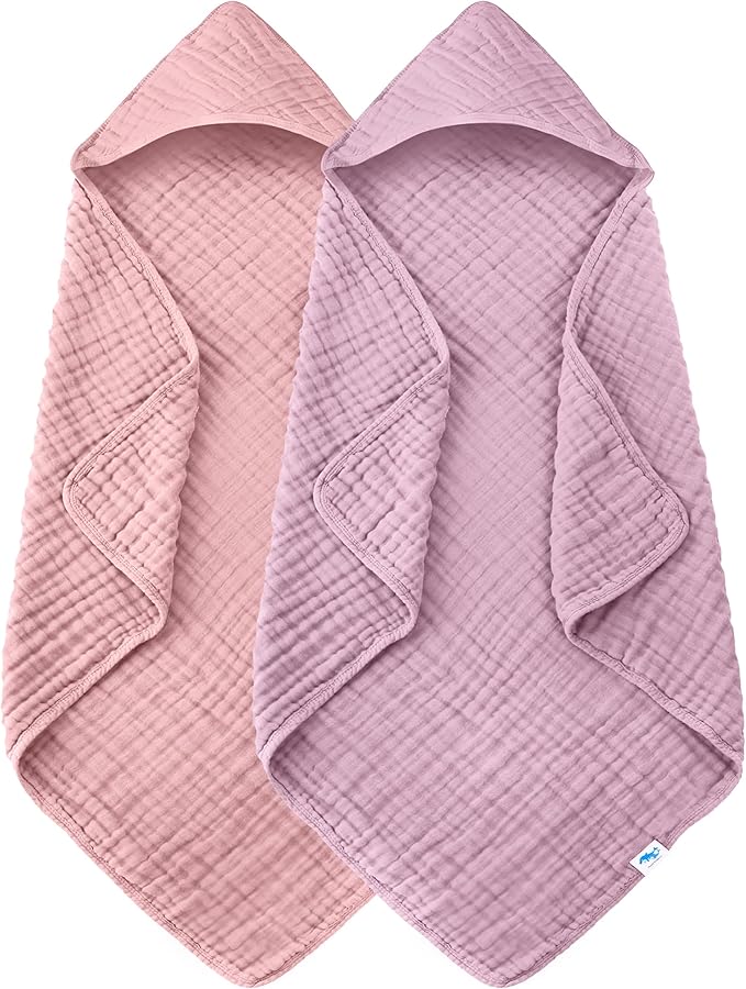 SWEET DOLPHIN Muslin Hooded Baby Bath Towels - 2 Pack 100% Cotton Towel for Babies, Infants, Toddlers - 32x32Inch - Highly Absorbent and Newborn Essential, Light Sakura