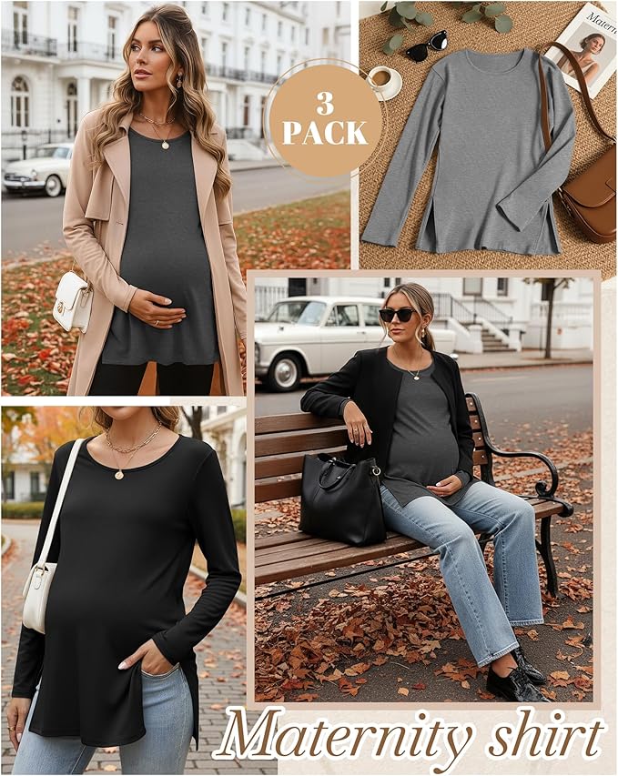 Riyiper 3 Pack Women's Maternity Long Sleeve T-Shirts Round Neck Side Split Tops Loose Casual Pregnancy Mama Clothes Fall