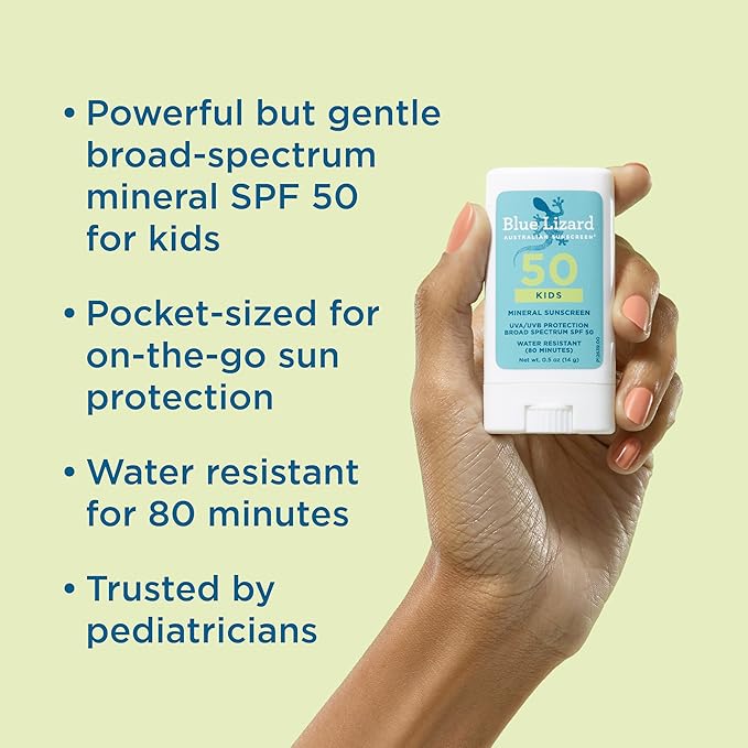 Blue Lizard Kids Mineral SPF 50 Sunscreen Stick, Zinc Oxide, 100% Mineral Actives, Developed for Kids’ Sensitive Skin, TSA-Friendly, Vegan, Paraben-free, Fragrance-Free, 0.5 oz