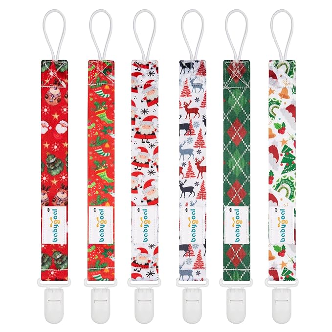 babygoal Christmas Pacifier Clips, 6 Pack Binky Paci Holder and Leash Fits for Most Pacifiers,Binkies and Xmas Gift 6PB11
