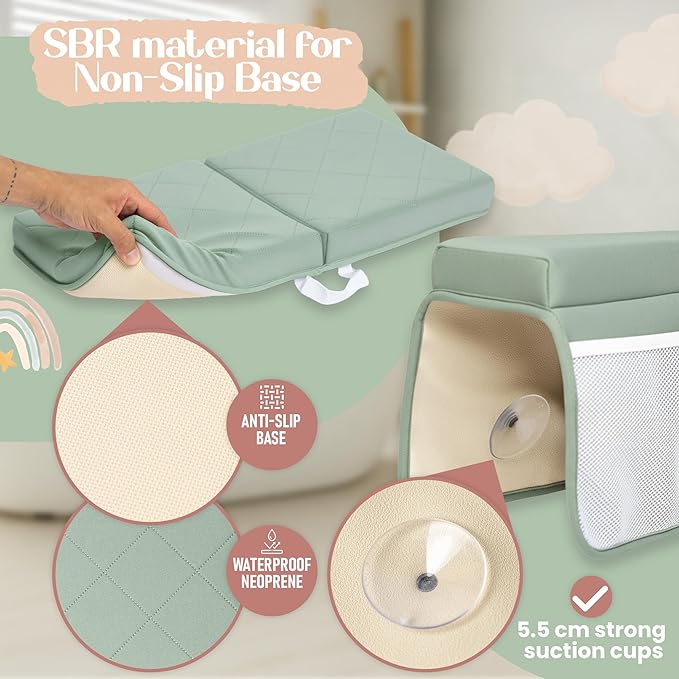 2inch XL Baby Bath Kneeler and Elbow Rest Pad Set + Hooded Towel - Embroidered Kneeling Pad for Bathing Baby - Dual-Layer Memory Foam Bathtub Kneeler and Elbow Rest Set