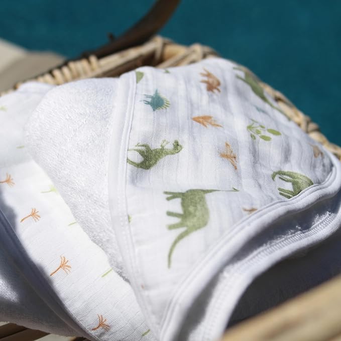 aden + anais Essentials Hooded Baby Bath Towel, Super Soft 100% Cotton, 2 Pack, Dino Jungle