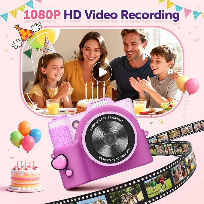 Kids Camera, Christmas Birthday Gifts for Boys Girls Age 3-12,Upgrade HD Flip Digital Video Cameras for Kids, Portable Toys for 3 4 5 6 7 8 9 10 Year Old Childrens with 32GB SD Card-Purple