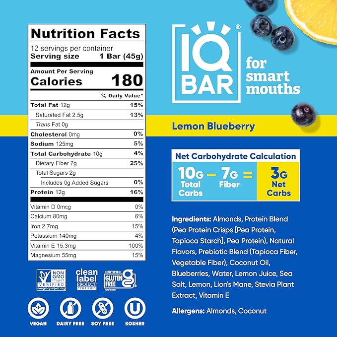 IQBAR Brain and Body Clean Plant Protein Bars - Lemon Blueberry - 36 Bars - Keto, Vegan, High Fiber, Gluten and Dairy Free, Low Sugar Snack with Nutrients for Focus, Energy, Meal Replacement