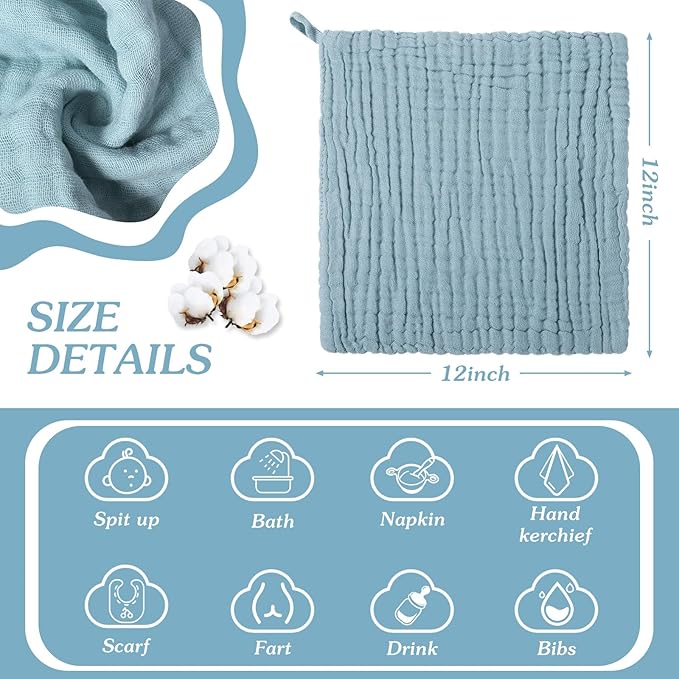 8 Pcs Baby Washcloths for Newborn 12 x 12 Inch Muslin Face Towels Cotton Absorbent for Delicate Skin Soft Muslin Cloth Reusable Baby Registry as Shower Gift, 4 Colors (Blue Color)
