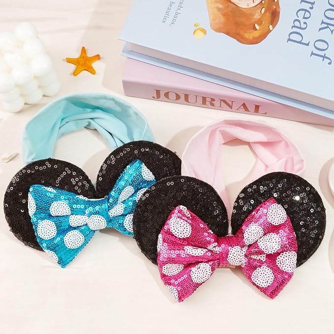 Baby Girl Mouse Ears Headbands with Sequin Bow, Wide Nylon Turban Hairband, Theme Park Headwear, Hair Bow Headband for Toddler, Kids, Party Supplies