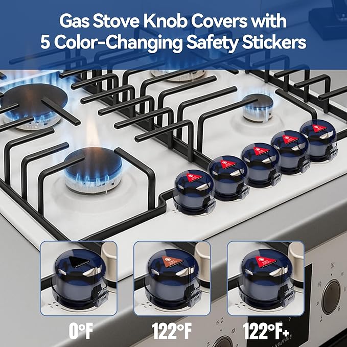 Stove Knob Safety Covers, 5Pcs Fits 90% Oven/Stove 5 Heat Alert Stickers Oven Knob Covers for Child Safety, 2nd Gen Kitchen Burner Childproofing, Gas Stove Knob Locks for Kid Baby Pet (Black)