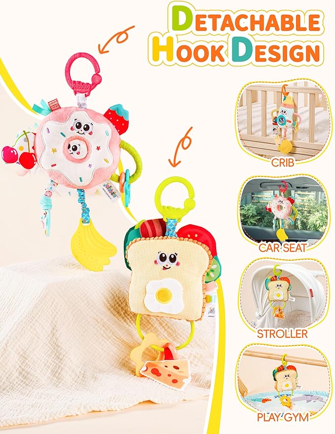 Jollybaby Baby Pull Vibration Toy - Tummy Time Sensory Hanging Toys for Car Seat, Stroller, Crib & Play Gym, with Babies Rattles & Teether, Airplane Travel Toys for Toddlers Gift - Donut