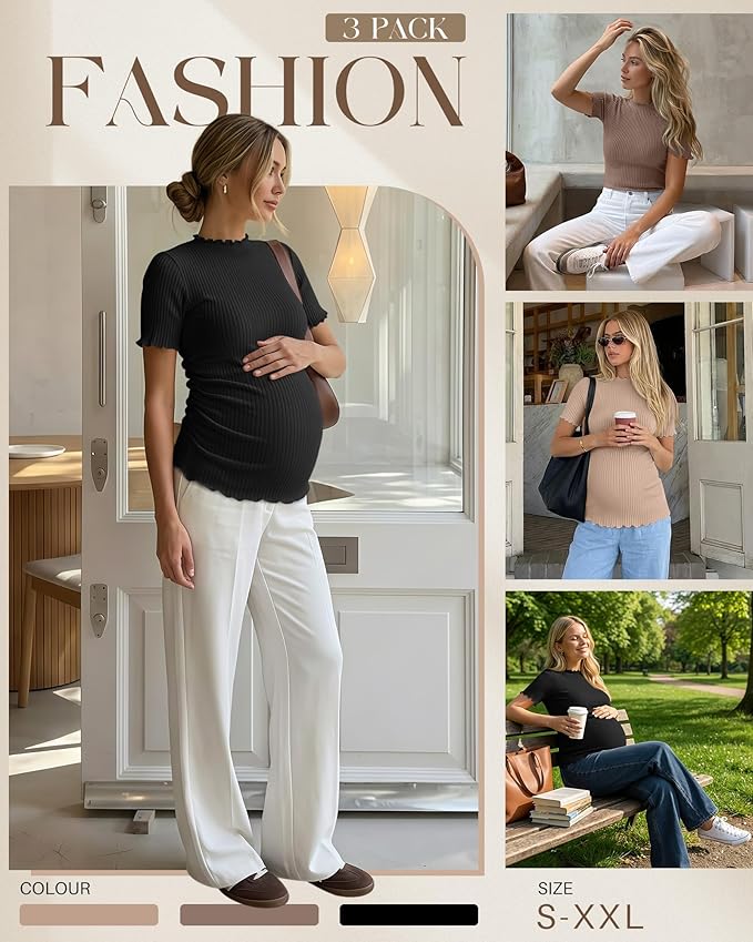 3 Pack Women's Maternity Tops Short Sleeve Ribbed Knit Maternity Shirts Crew Neck Side Ruched Pregnancy Clothes