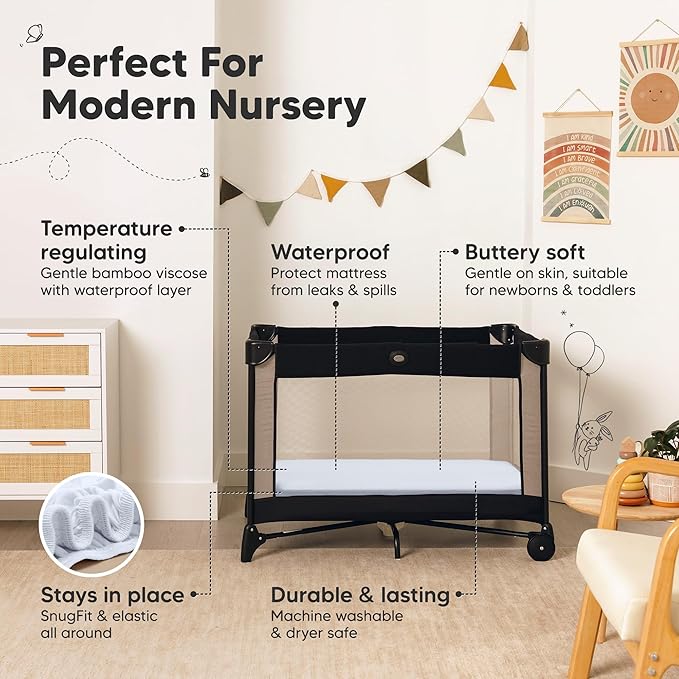 2-Pack Waterproof Pack and Play Sheets, Mini Crib Sheets Fitted for Boy, Girl - 38 x 26 Viscose from Bamboo Pack N Play Mattress Sheets for Graco, Toddler Playard Baby Crib Sheets Neutral (Blue Flax)