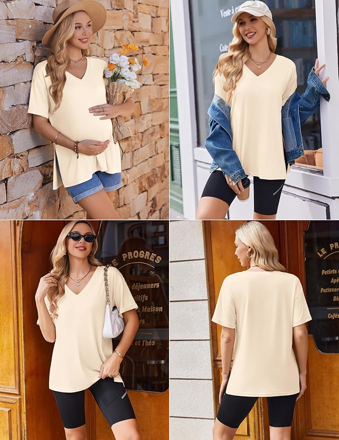 Ekouaer 3 Packs Women's Maternity Shirts V Neck Pregnancy Tops Short Sleeve Casual Workout Tees Side Split Mama Clothes