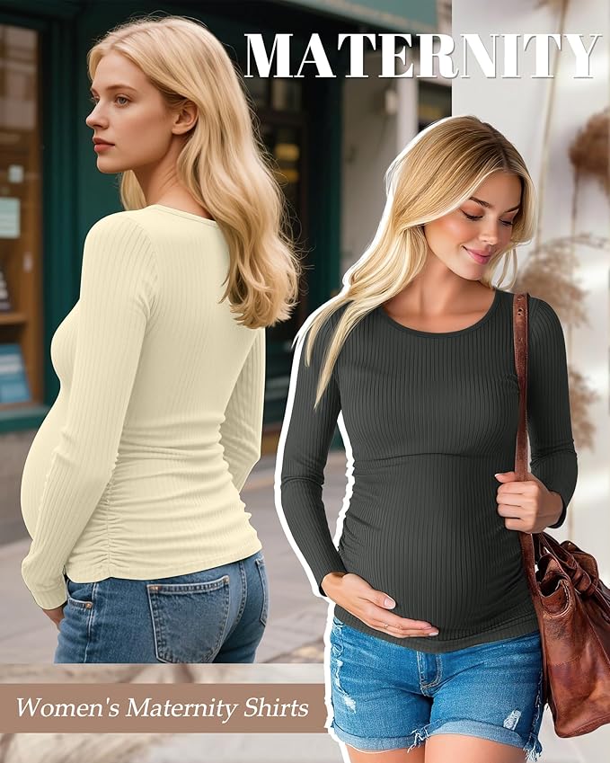 Huukeay 4 Pack Women's Maternity Shirts, Long Sleeve Cotton Ribbed Pregnancy Tops Side Ruched Crew Neck Casual Mama Clothes