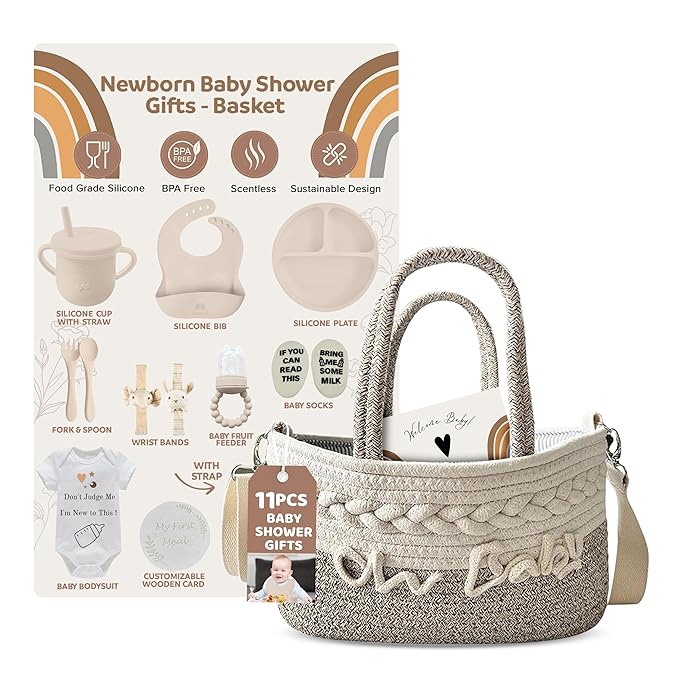 Baby Gift Set | 11 Piece Gender Neutral Newborn Gift Basket for Boys & Girls – Baby Essentials with Plate, Bib, Spoon, Cup, Feeder, Outfit, Rattles & Storage Bag