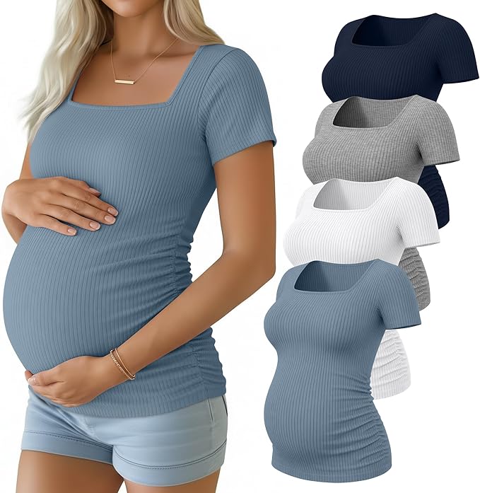 Huukeay 4 Pack Women's Maternity Shirts Cotton Ribbed Short Sleeve Square Neck Pregnancy Tops Side Ruched Summer Tee