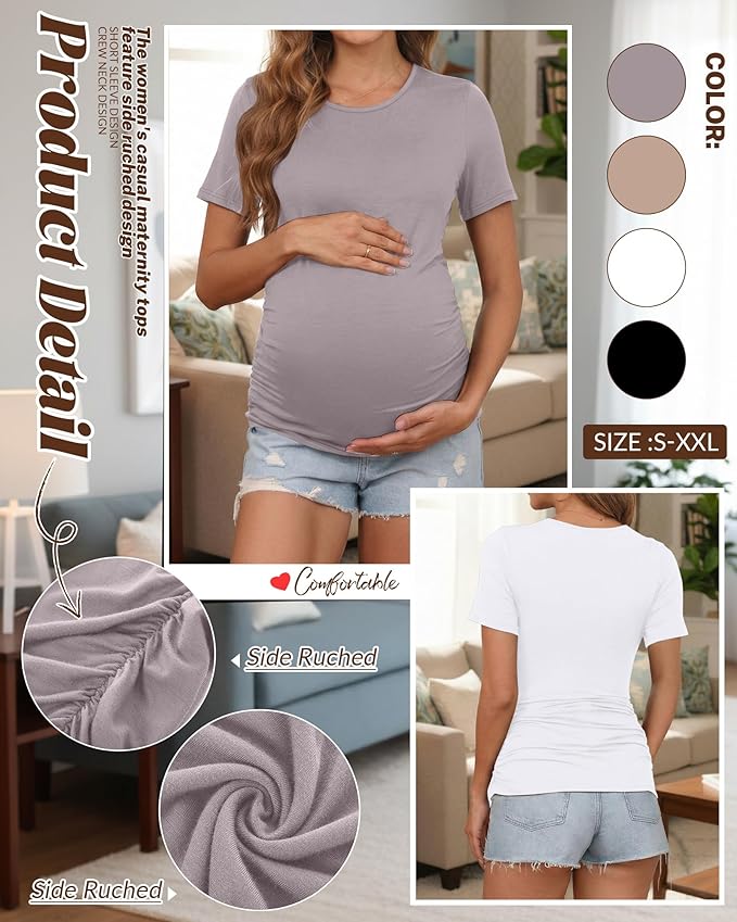 Huukeay 4 Pack Women's Maternity Shirts, Crew Neck Maternity Top Short Sleeve Casual Cotton Tee Side Ruched Pregnancy Clothes