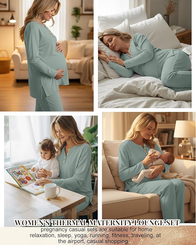 2 Piece Thermal Maternity Lounge Set Postpartum Pregnancy Fleece Loungewear Long Sleeve Top and Wide Leg Pant
