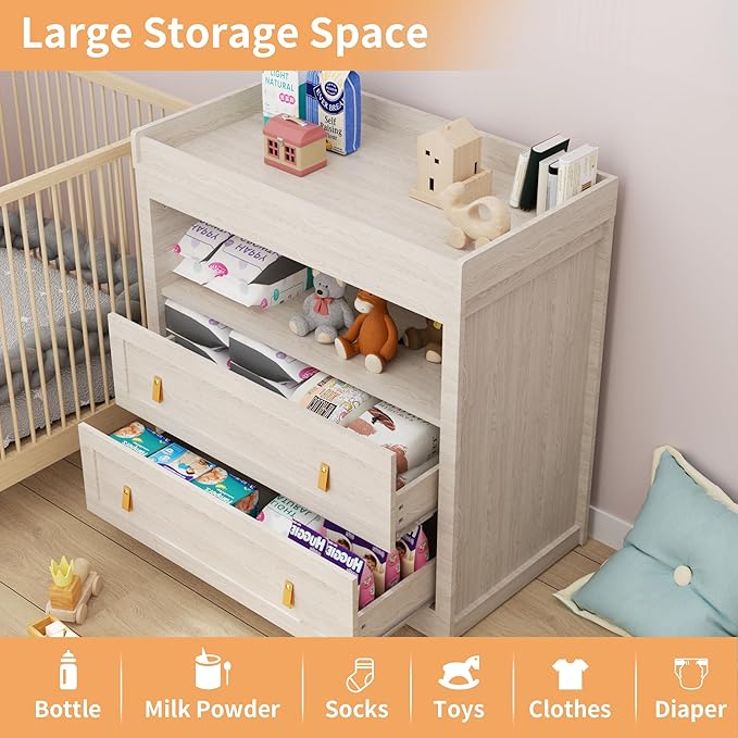Baby Dresser Changing Table with 2 Drawers 35.4" Changing Table Dresser with Changing Table Top and 1 Open Shelf Diaper Changing Station with Storage for Nursery Children's Room Beige