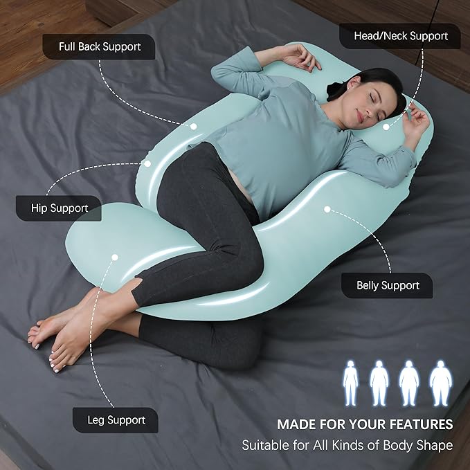 MOON PARK Pregnancy Pillows for Sleeping - U Shaped Full Body Maternity Pillow with Removable Cover - Support for Back, Legs, Belly, Hips - 57 Inch - Ice Blue - Cooling Cover