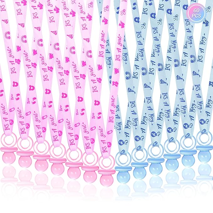 60 Pcs Baby Shower Pacifiers Necklace, Cute Acrylic Pacifier Necklaces for Chupones para Baby Shower Games Charm, Party Favors, Decorations DIY, Gender Reveal Table Scatter(Blue&Pink)