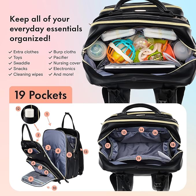 Dikaslon Leather Diaper Bag Backpack with Portable Changing Pad, Pacifier Case and Stroller Straps, Large Unisex Baby Bags for Boys Girls, Multipurpose Travel Back Pack for Moms Dads, Black