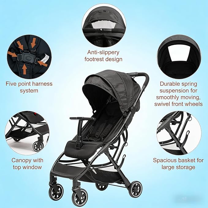 COOL KIDS Portable Stroller with Automatic Fold，Lightweight Umbrella Stroller with Pop Out Sun Canopy，Compact Strollers for Travel(Black)