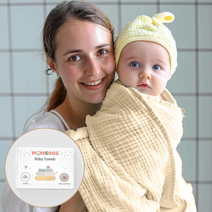 Muslin Hooded Baby Towels, 3 Pack Cotton Baby Bath Towels with Hood for Newborn, Babies, Infant, Toddler, Soft and Absorbent Baby Shower Towel Newborn Essential (35 X 35 Inch) (Green + Grey + Apricot)