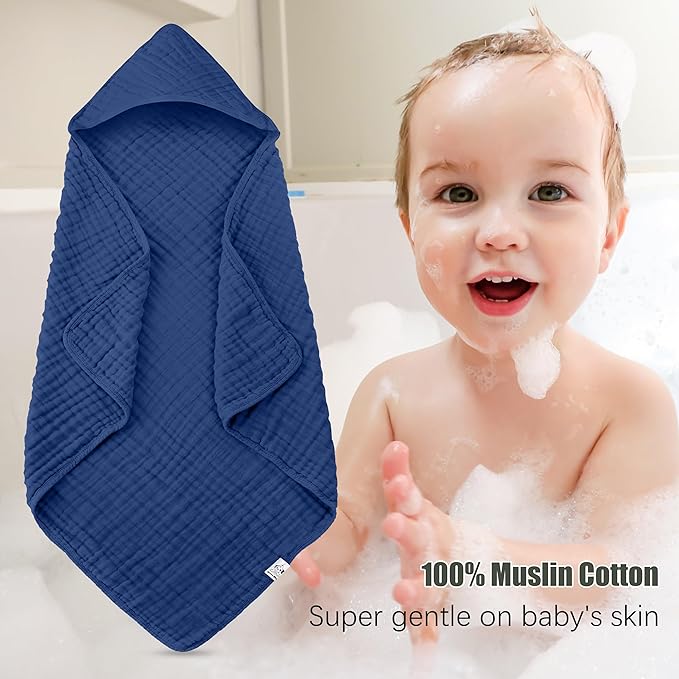 2 Pack Hooded Baby Towels - 100% Muslin Cotton for Newborns, Infants, Toddlers - Large 32x32 Inch Size - Highly Absorbent and Essential for Newborn Care, Deep Navy