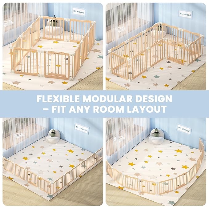 Foldable Wooden Playpen - Adjustable Wood Baby Play Yard with Door, Indoor Large Safety Fence for Babies and Toddlers - Easy Assembly, 83 x 55 x 24 inches, Nature Nest