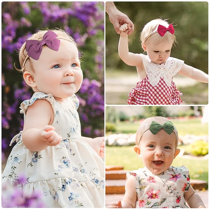 Jesries 30 Pcs Baby Headbands Girls Hair Bows Nylon Hairbands with Linen Bows Handmade Head Accessories for Infant Newborn Toddlers Kids