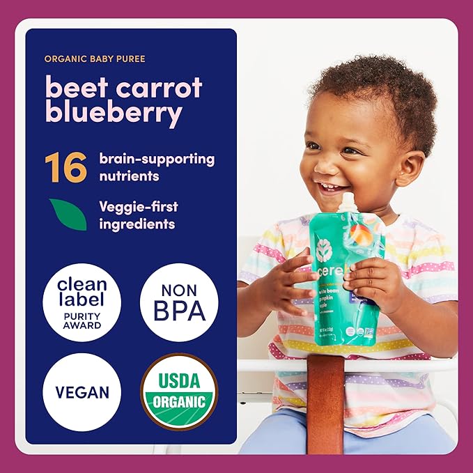 Cerebelly Organic Baby Food Pouches, Beet Carrot Blueberry Purees, 16 Nutrients, No Added Sugar, Fiber & Non-GMO, 4oz, 1 Count