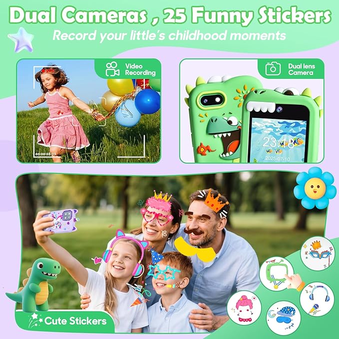 Kids Smart Phone for Boys, Dinosaur 2.8“ Touchscreen Toy Phones Christmas Birthday Gift for Boy Ages 3-9, Toddler Play Learning Cell Phone with Dual Camera, Game, MP3 Player, 32GB Card, Green