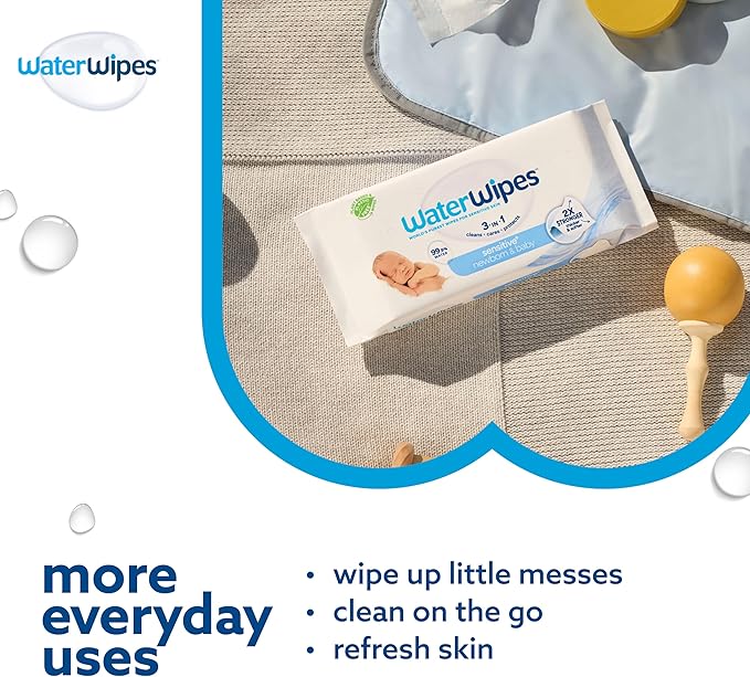 WaterWipes Sensitive+ Newborn & Baby Wipes, 3-In-1 Cleans, Cares, Protects, 99.9% Water, Unscented & Hypoallergenic, 60 Count