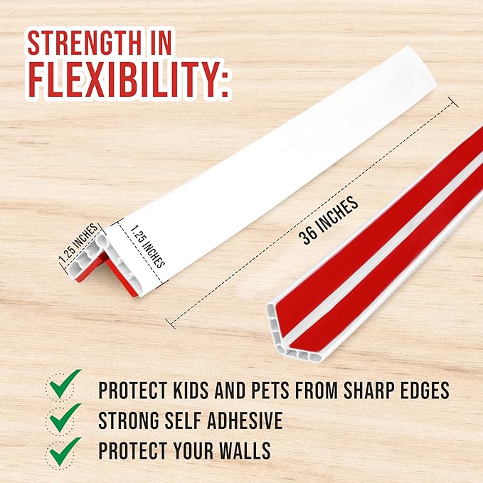 Rubber Bond Wall Corner Guard Edge Protector, 1x1x36 inch Baby Proofing Corner Guards | Self-Adhesive Furniture Edge Strips for Home & Office (15 Pack, White)