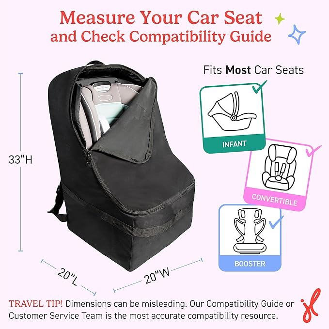 J.L. Childress Padded Backpack Car Seat Bag - Travel Bag for Airplane, Fits Most Baby & Infant Car Seats, Boosters, & Carriers, Airport Accessories for Gate Check or Baggage Check - Ultimate, Black