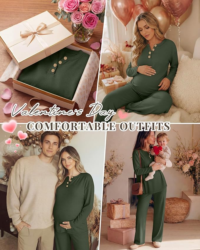 2 Piece Thermal Maternity Lounge Set Postpartum Pregnancy Fleece Loungewear Long Sleeve Top and Wide Leg Pant