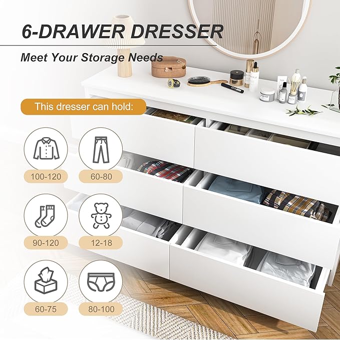 White 6 Drawer Dresser for Bedroom,Modern Deep Drawer Dresser with No-Handle Design,Wide Storage Chest of Drawers,Wood Bedroom Storage Organizer Furniture for Closet,Hallway