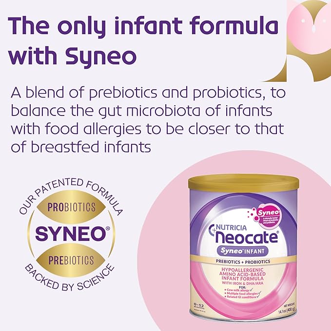 Neocate Syneo Infant - Hypoallergenic, Dairy-free, Amino Acid-Based Baby Formula with Prebiotic Fiber, Probiotics & DHA/ARA - Food Allergy-Friendly Formula - 14.1 oz (Pack of 4)