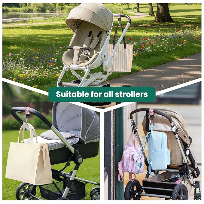Stroller Straps, Mommy Hooks Diaper Bags, Universal Shopping cart, Wallet, Backpack - 2 Packs (Love)