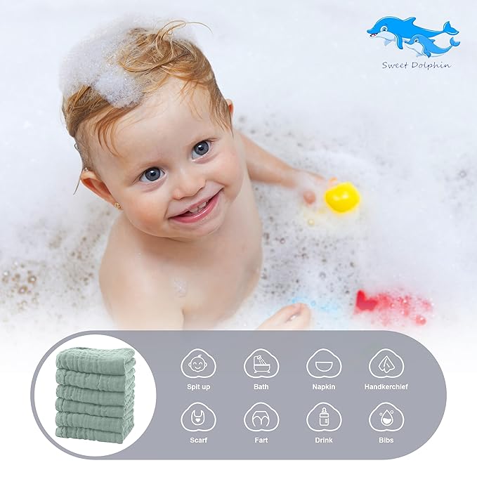 SWEET DOLPHIN 12 Pack Baby Muslin Washcloths - Soft Face Cloths for Newborn, Absorbent Bath Wash Cloths, Wipes, Burp Rag - Toddlers Essentials Stuff, Baby Registry as Shower -10"x10", Green